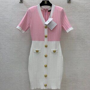 Balmain Women's Summer Slim Fit V Neck Short Sleeve Hip Knit Dress